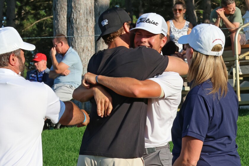 Golfer Michael Brennan reacts on Sunday, Aug. 31, 2025, at the close of the PGA Tour Americas CRMC Championship presented by Northern Pacific Center at Cragun's Legacy Courses.