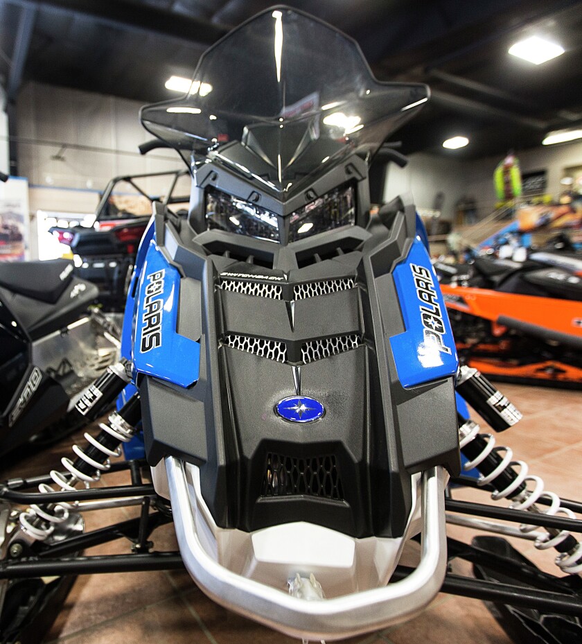 A Polaris 600 Switchback PRO-S model sits on the sales floor at Revolutions Power Sports in Grand Forks. (Jesse Trelstad/Grand Forks Herald)