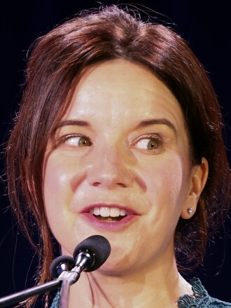 Woman talking.