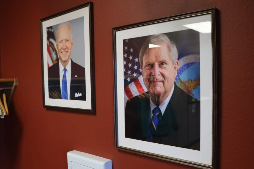 All federal U.S. Department of Agriculture offices carry official portraits of the current administration. A photo of President Joe Biden at left is above U.S. Agriculture Secretary Tom Vilsack in the office at the USDA's Farm Service Agency in Fargo, N.D.