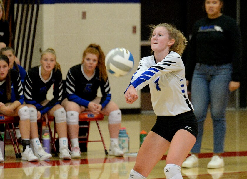 CMCS junior CC Roiseland gets under the ball for a serve-receive during a Camden Conference match against KMS on Thursday, Sept. 29, 2022 in Kerkhoven.