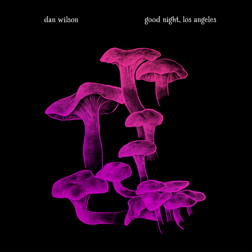 Capa do álbum: "boa noite, Los Angeles" por Dan Wilson. A imagem da capa é uma representação roxa sobre preto de cogumelos.