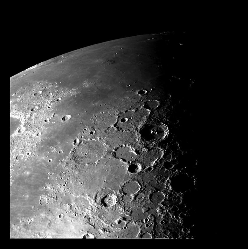 This view of the north polar region of the Moon was obtained by NASA's Galileo camera during the spacecraft flyby of the Earth-Moon system on Dec. 7 and 8, 1992.
