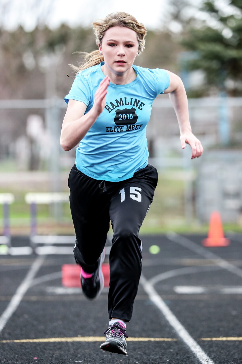 Clint Austin / caustin@duluthnews.com Cloquet sprinter Kendra Kelley practices starts at the school Wednesday afternoon in Cloquet.