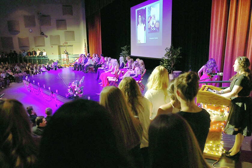 Briana Sanchez / TribuneThe homecoming court sits on stage waiting to hear who is crowned homecoming king, prince, queen and princess.