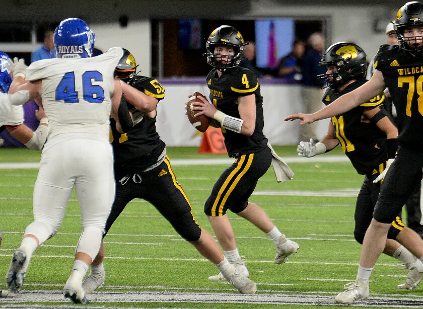 NLS sophomore Blake Schultz, 4, looks for a passing lane during the Class AAA state semifinals against Watertown-Mayer on Saturday, Nov. 19, 2022 at U.S. Bank Stadium in Minneapolis.