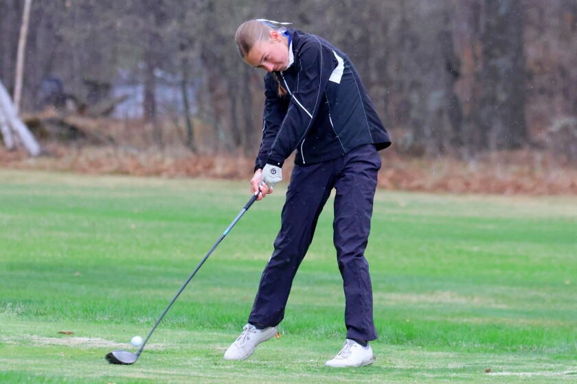 Brainerd's Madelyn Holmstrom tees off on Thursday, May 1, 2025, at Pine Beach East Golf Course at Madden’s.