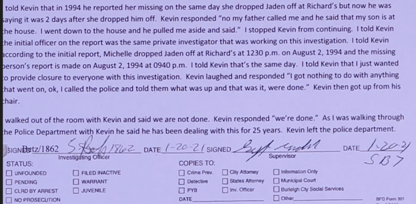 screen shot from police report of interview with Kevin Woodworth performed on 9/4/2019