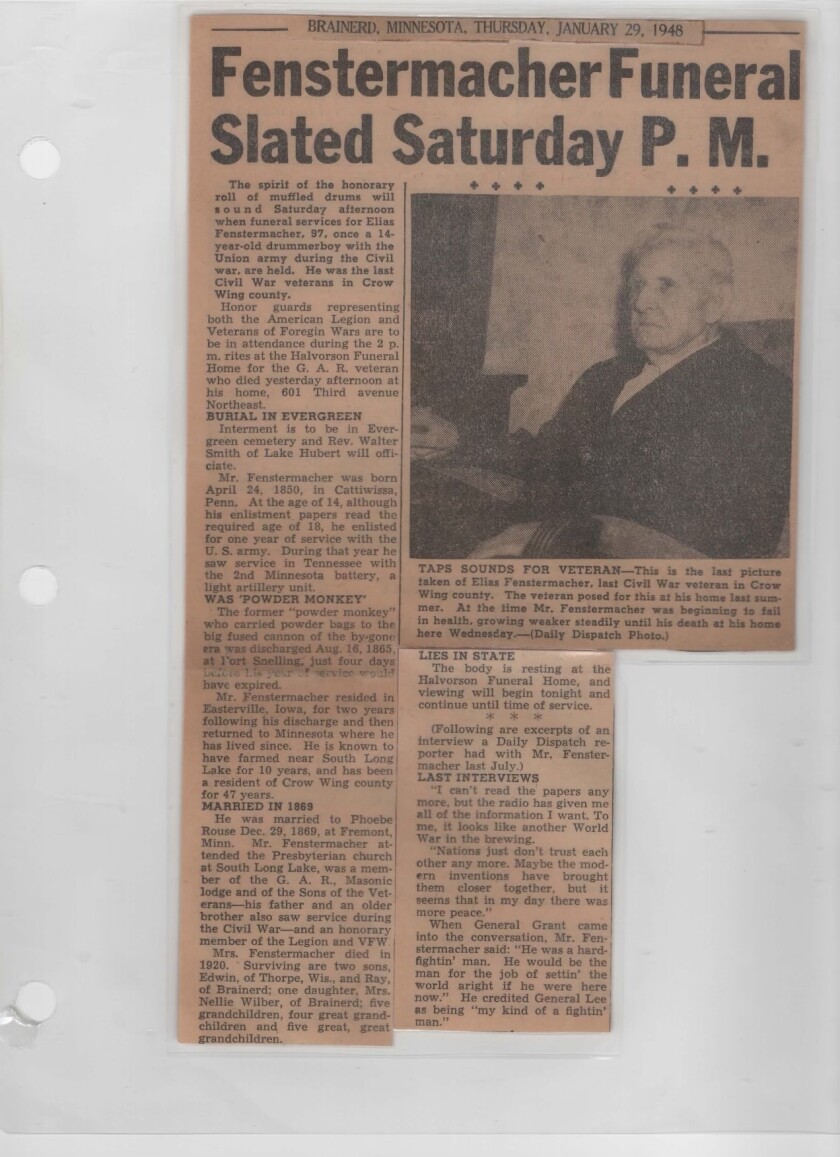 A clipping from the Jan. 29, 1948, edition of the Brainerd Daily Dispatch newspaper about the death of 97-year-old American Civil War veteran Elias Fenstermacher that occurred a day earlier.