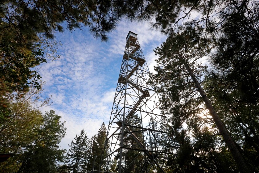 An upward view of the 100-foot Pequot Lakes fire tower on Thursday, Sept. 15, 2022.