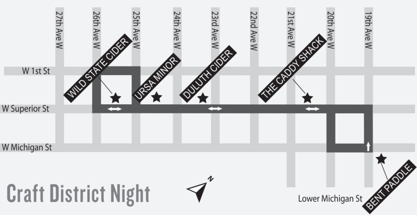 A map showing several venues along a bus route in Duluth's Lincoln Park neighborhood.