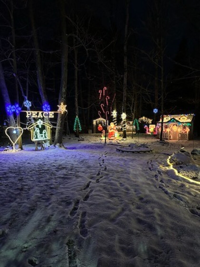 Christmas lights brighten up a snowy yard.