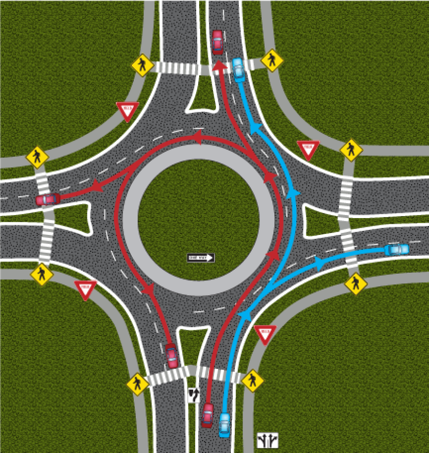 A diagram explans how to use a multi-lane roundabout