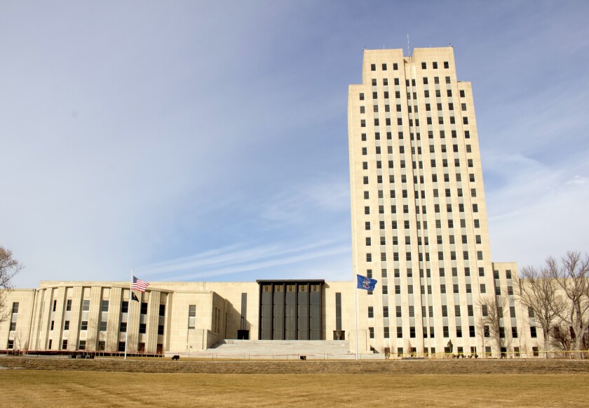 An exterior view of the North Dakota State Capitol building