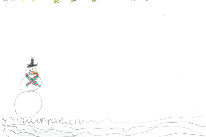 Snowman by starlight. Weather drawing by Shania Hinch of Mrs. Olson’s first-grade class at Garfield Elementary School.