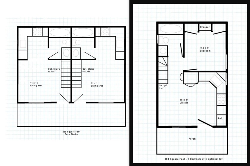 Floor plans for studio and one bedroom cottages