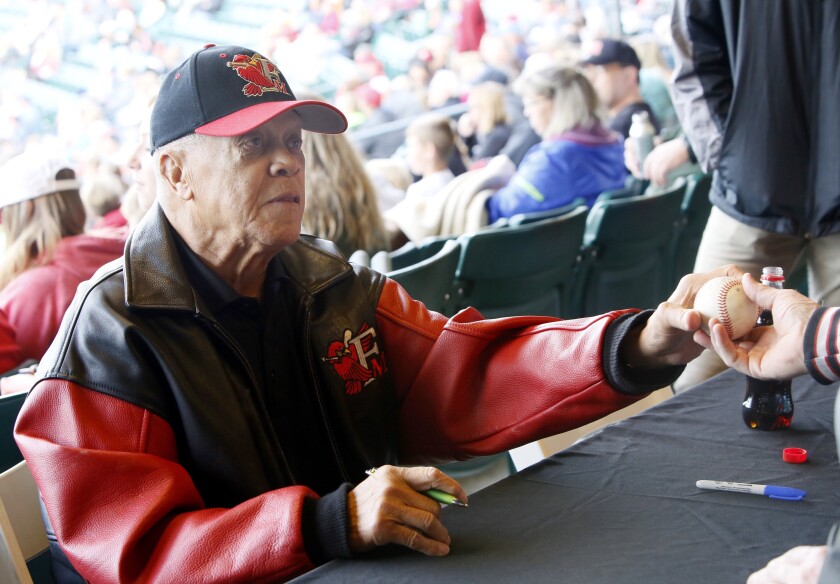 Maury Wills, former Most Valuable Player in Major League Baseball, throws in the first pitch before the RedHawks game Friday, June 23, 2017, at Newman Outdoor Field, Fargo. Michael Vosburg / Forum Photo Editor