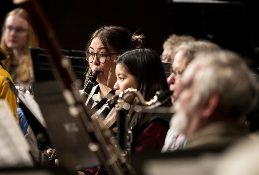 Members of the Prairie Winds Concert Band practice for their upcoming performance of "Music in Color" during a rehearsal session at the Willmar Education and Arts Center Monday, April 18, 202