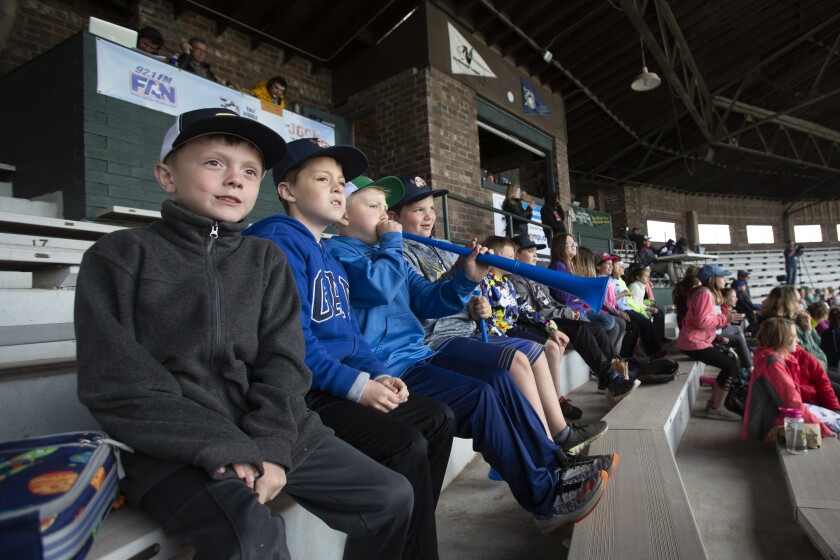 From left, Alex Forsell, Alex Bellefy, T.J. Wojtysiak and Carter Nash watch the Duluth Huskies play the St. Cloud Rox at Education Day on Monday at Wade Stadium in Duluth. Ellen Schmidt / eschmidt@duluthnews.com