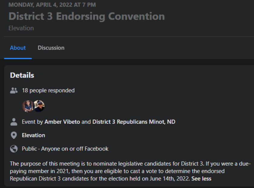 Screenshot of the Facebook event page for the District 3 NDGOP's endorsing convention held April 4, 2022.