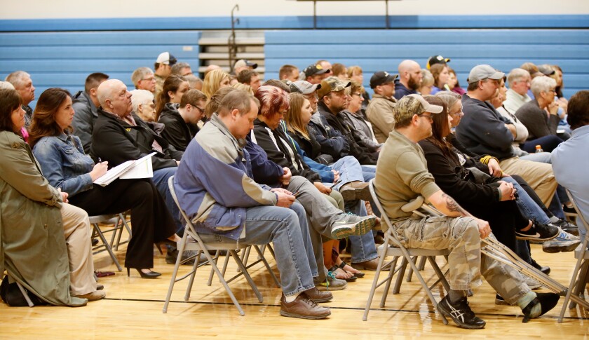 An audience of more than 60 people attended a meeting of the Richland #44 School Board on Tuesday, April 17, 2018, in Colfax, N.D. It was the first meeting since the release on an independent review detailing assault and hazing of some boys at the high school. Michael Vosburg / Forum Photo Editor