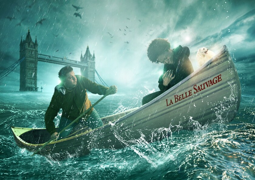 A photo of two young men rowing a boat through a raging storm with London Bridge in the background.