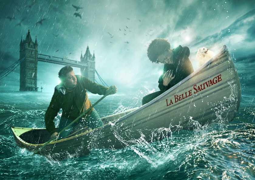 Photo illustration of two young men rowing in a storm with London Bridge visible in the background.