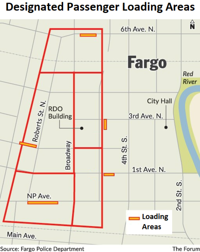 Map of pick-up zones in downtown Fargo