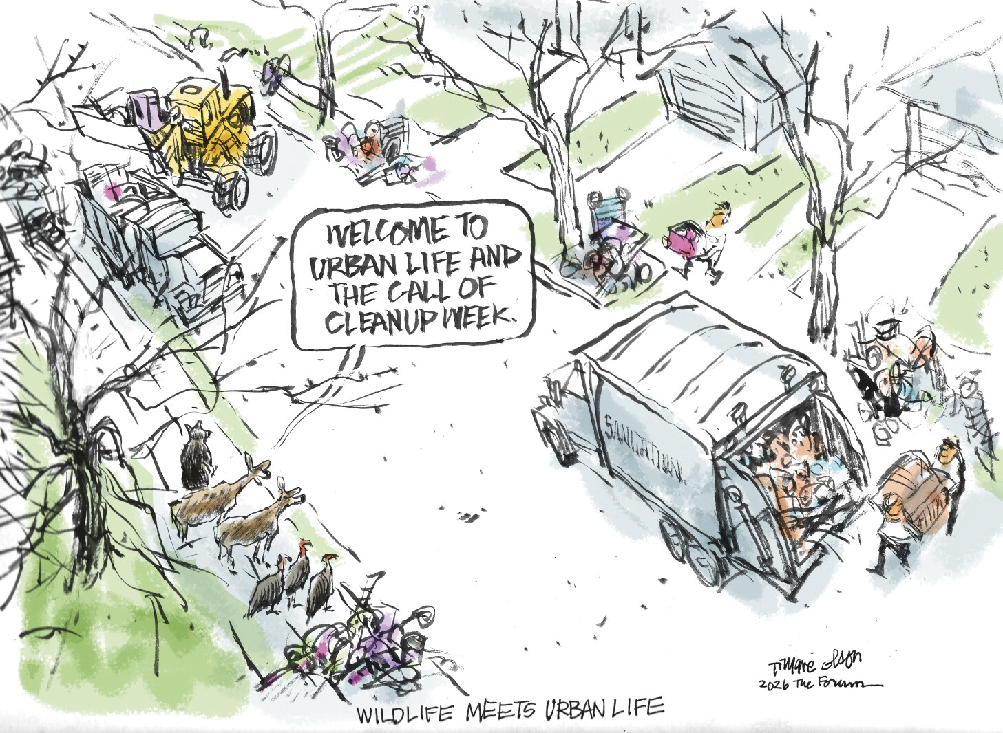 Trygve Olson cartoon: Wildlife meets urban life