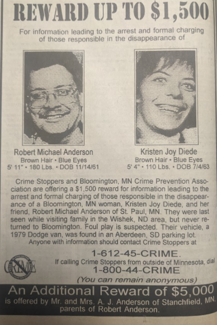 Missing persons poster, Kristin Diede and Bob Anderson