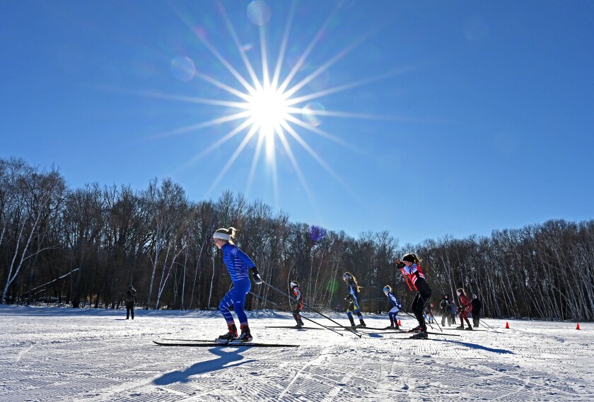 Nordic skiers compete in a sprint race at Camp Ripley.