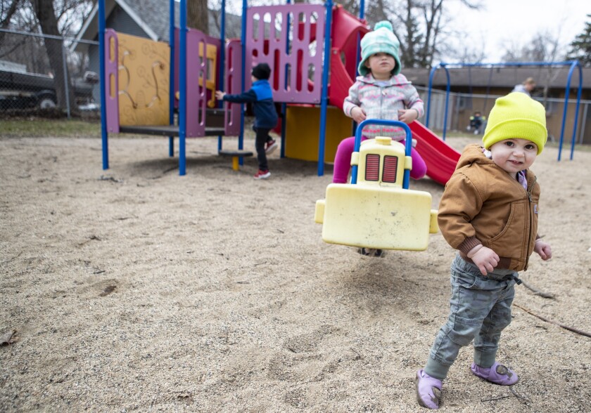 Kai Wolter, 1, from right, Mackenzie Runia, 2, and William Saunders, 4, play at Canigo Park on Thursday, April 28, 2022, in Willmar.