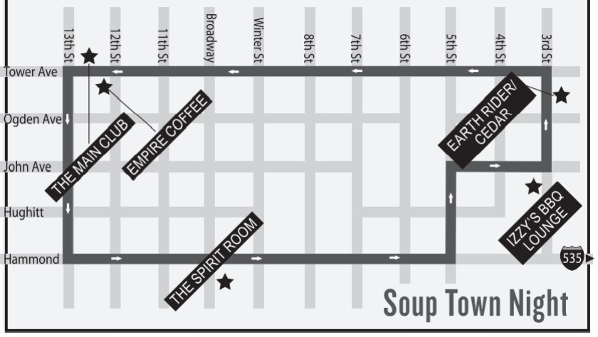 A map shows the locations of several venues in Superior, labeled "Soup Town Night."