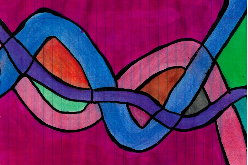 Drawing of colorful twisting lines.