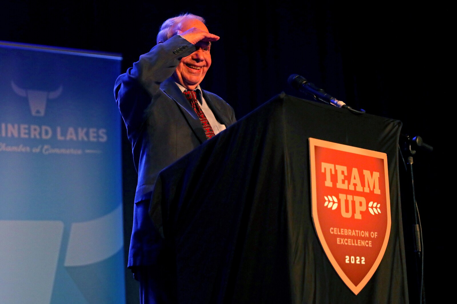 Bob Spizzo looks out into the audience during his speech to thank people in the crowd while accepting the Business Legacy Award during the ninth-annual Brainerd Lakes Chamber of Commerce Celebration of Excellence award dinner Nov. 17, 2022, at Cragun's Resort on Gull Lake near Brainerd.