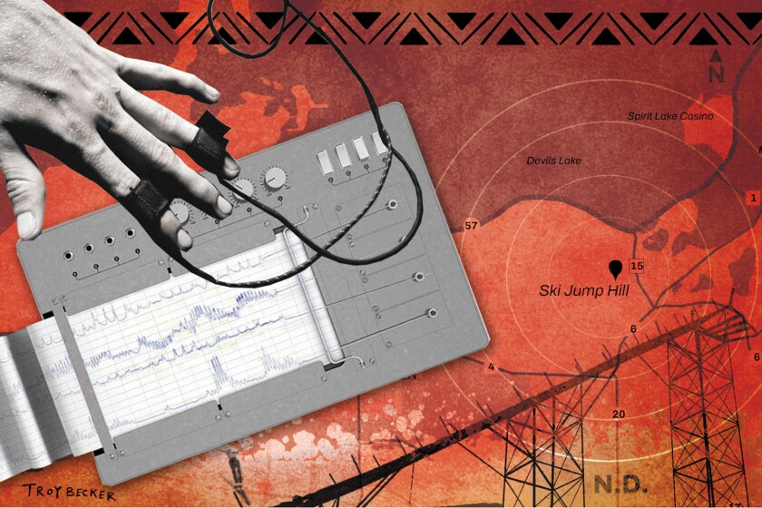 A photo illustration focuses on Ski Jump Hill, which is depicted with a pindrop and radar lines on a map. At left is polygraph machine with a white man's hands attached.