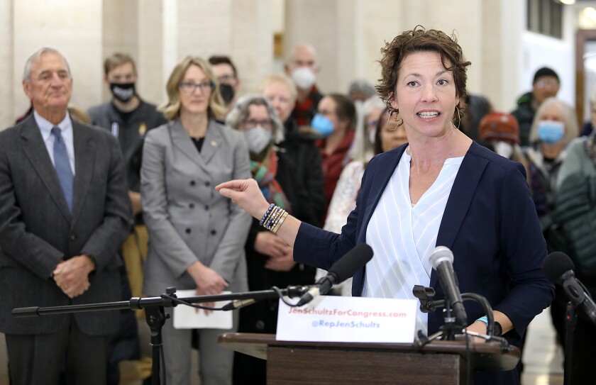 luth Mayor Emily Larson speaks of her support of Jen Schultz during a press conference