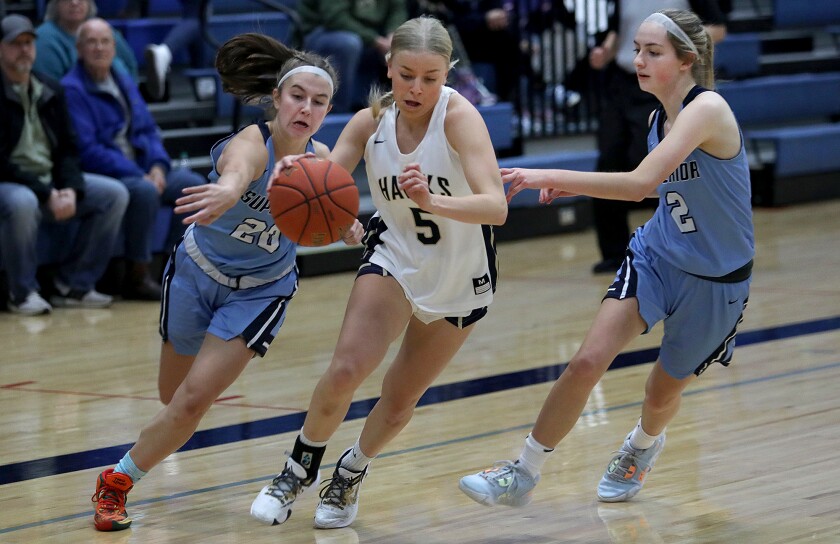 Superior’s Savannah Leopold (20) and Annabel Manion (2) apply defensive pressure to Hermantown’s Liv Birkeland (5)
