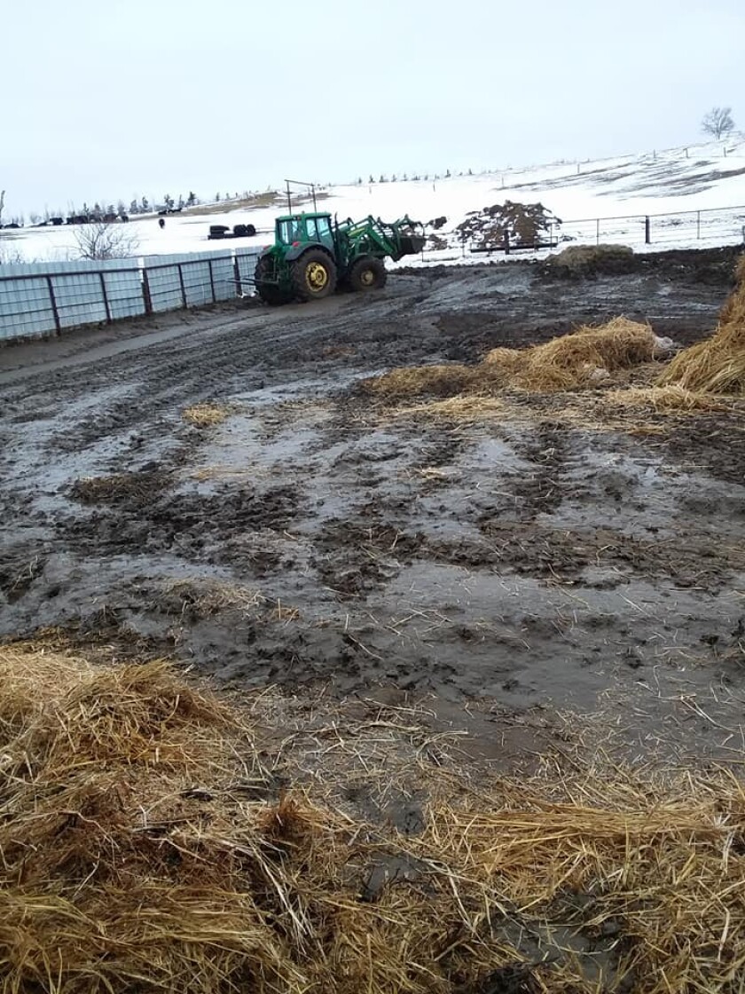 A John Deere tractor with front-wheel assist and a loader bucker navigates through a muddy corral. Areas around the corral are covered in snow.