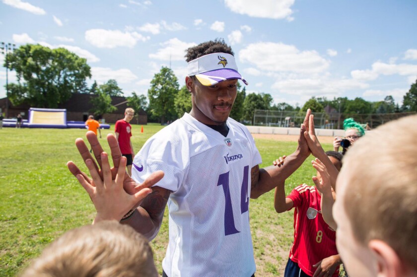 When Vikings receiver Stefon Diggs greeted kids at an event last summer in St. Paul, he showed off his large hands.Diggs invited the youngsters to touch palms to provide a comparison. He then put a photo this photo on Twitter with a comment. “When the kids notice you have Mickey Mouse gloves for hands lol,’’ he wrote. (Photo ctsy Diggs)