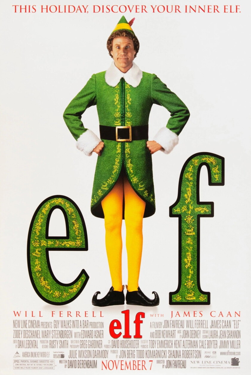 Cartaz de lançamento teatral do filme "Duende," apresentando um homem branco vestido com fantasia de elfo com meia-calça amarela e túnica verde. O slogan diz, "neste feriado, descubra seu elfo interior."