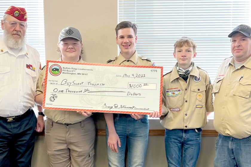The Buffalo Ridge Leathernecks Detachment 1463 of the Marine Corps League, Worthington, presented a $1,000 donation to the Boy Scouts of America Troop 134, Worthington, Monday evening. The funds will be used by the Scouts for their summer activities, including their plans for hiking trips to earn Merit badges. The Scouts plan to hike more than 50 miles this summer. Merit badges earned help the Scouts to work toward the top honor of becoming an Eagle Scout. SDONATION.jpg