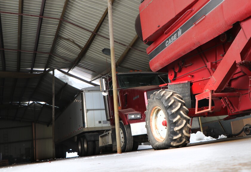 Tire of a small IH combine is flattened under the weight of a roof that collapsed on a storage shed because of a snow load.
