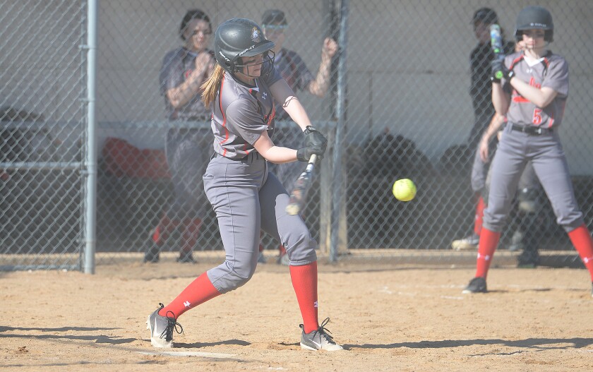 Lac qui Parle Valley's Tori Bungarden takes a swing at a pitch during Game 1 of Tuesday's Camden Conference doubleheader against KMS at Madison. Joe Brown / Tribune