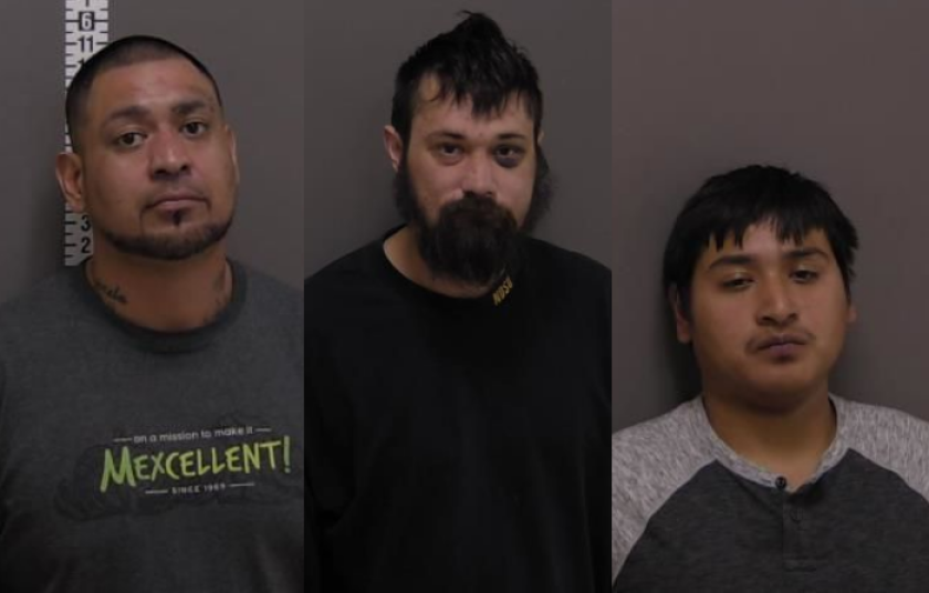 Mugshots of three men who are standing against a gray wall.