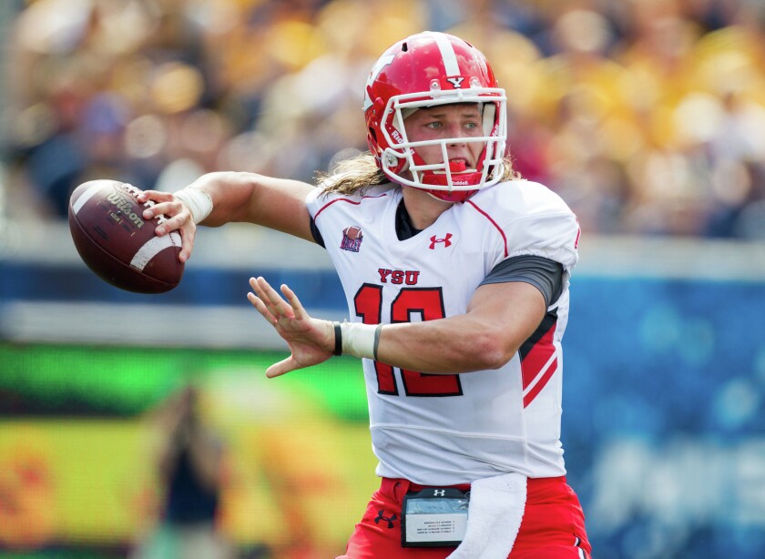 Youngstown State quarterback Ricky Davis passes during a game against the West Virginia. Ben Queen-USA TODAY Sports