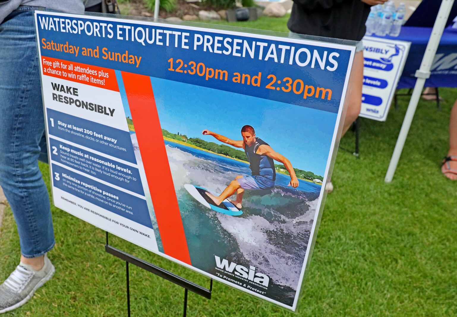 A wake responsibly sign at the presentation Saturday, June 18, 2022, during the ninth annual In-Water Boat Show at the Bar Harbor Supper Club on Gull Lake.