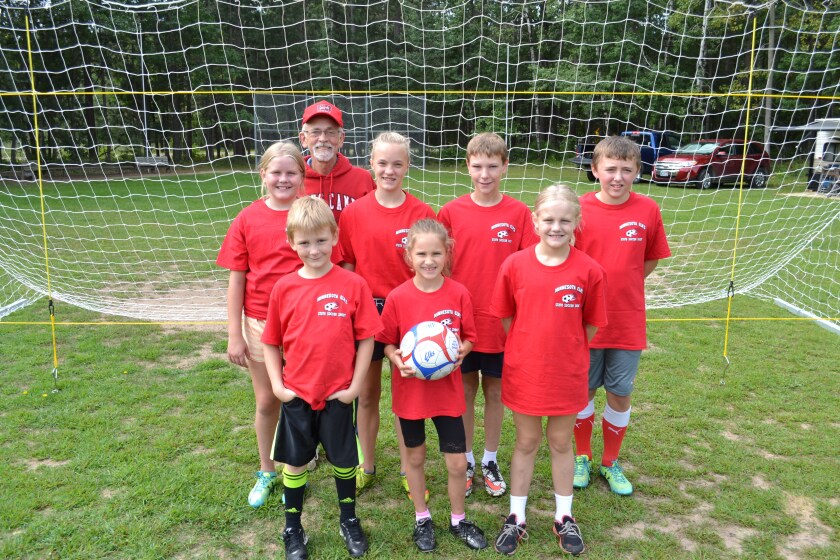 Brainerd Elks Lodge sent seven youths to the Minnesota Elks State Soccer Shoot. Pictured with Brainerd soccer shoot chairman Dick Lyscio are back row: Elsa Borchert, Liliana Schaeffer, Adam Klecker, Logan Carlson. Front row: Oliver Kelm, Rya Glas, Willa Borchert.