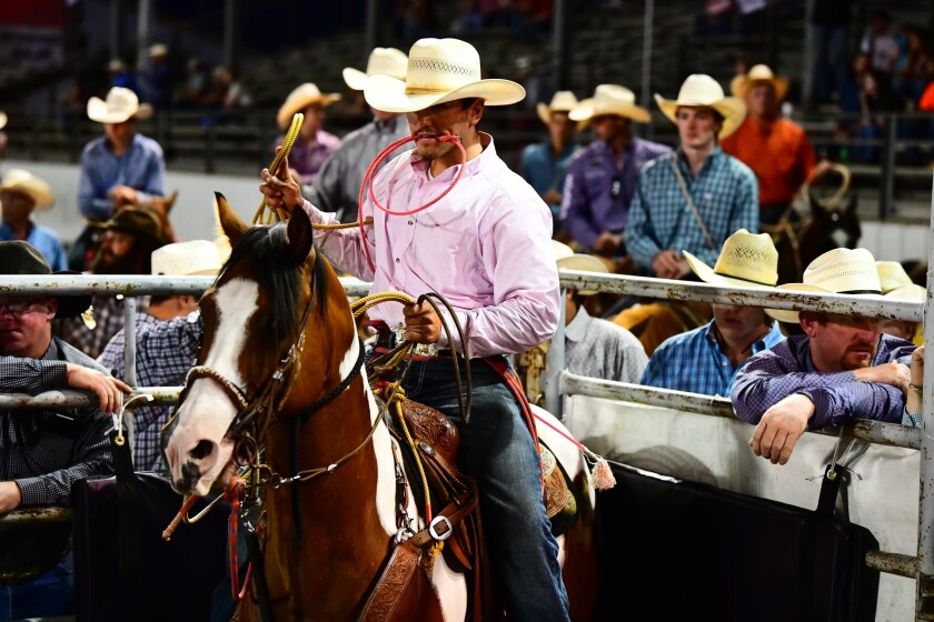 On top of his horse, Dickinson High School senior Lukas Mavity gets ready to calf rope during a rodeo event.
