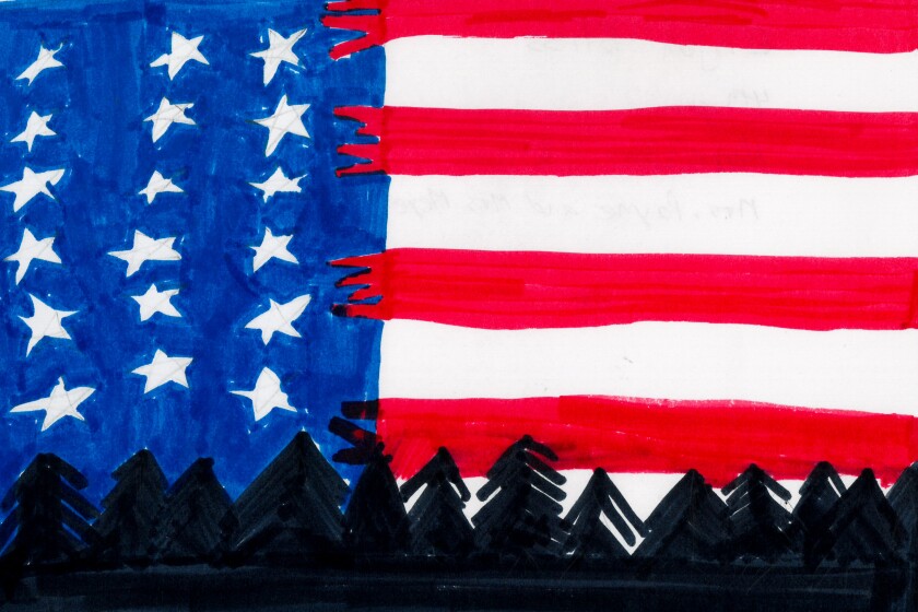 A drawing of the American flag with pine trees along the bottom.